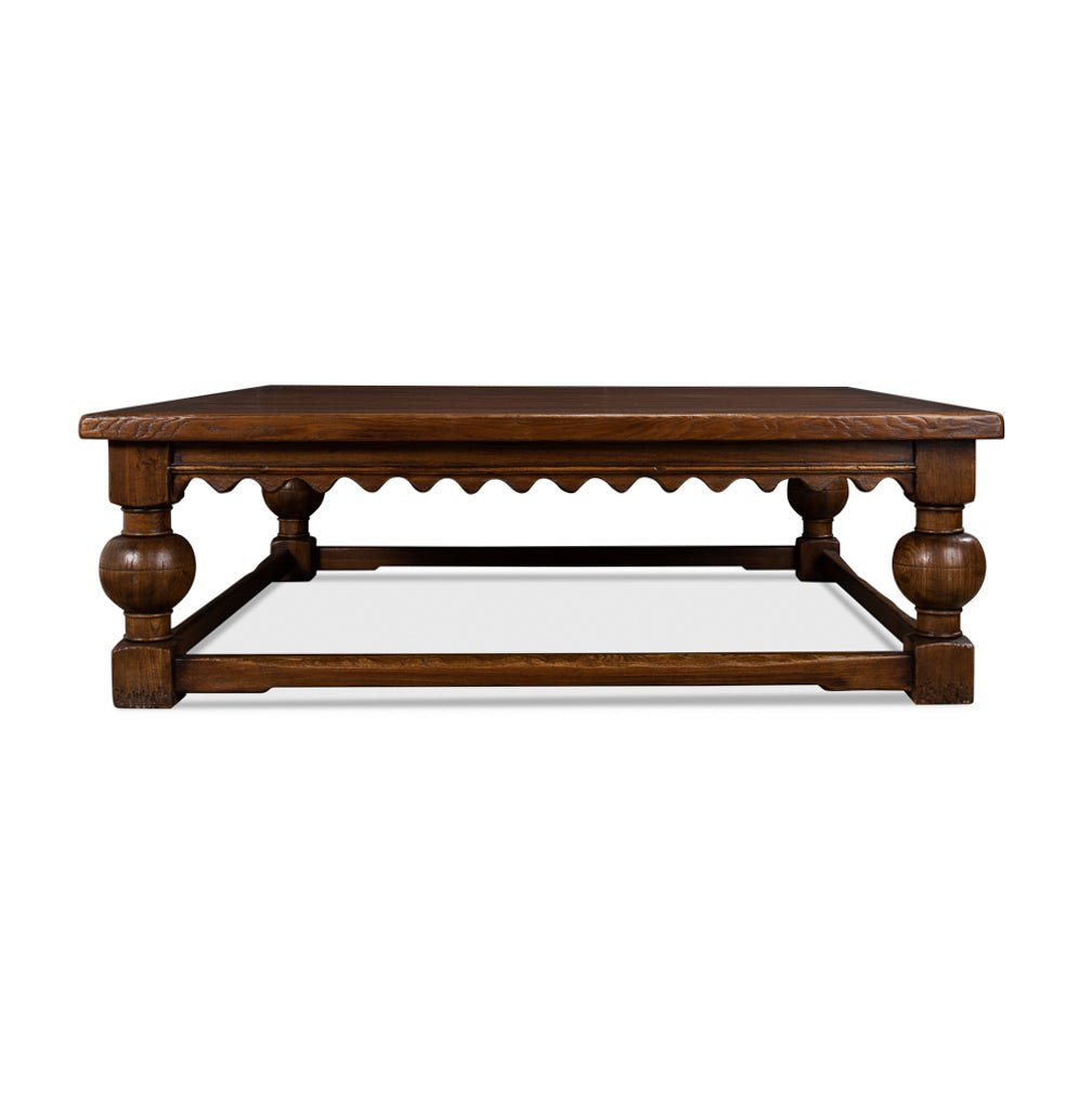 Front profile of rustic square coffee table, showing leg style.