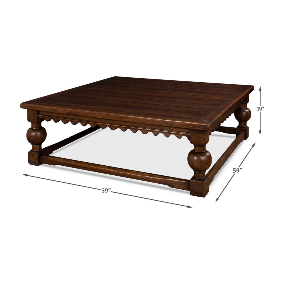 Dimensions displayed with rustic square coffee table, angled view.
