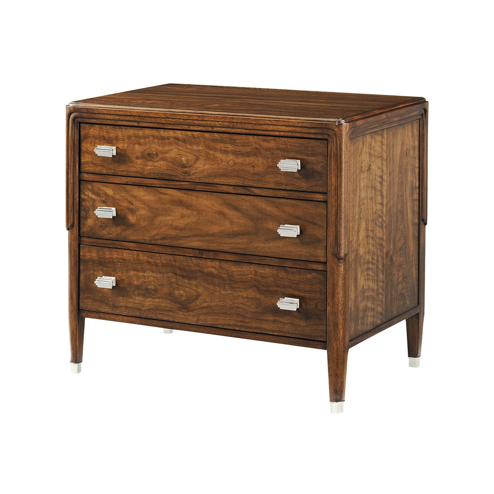 Walnut art deco nightstand with three drawers, angled view