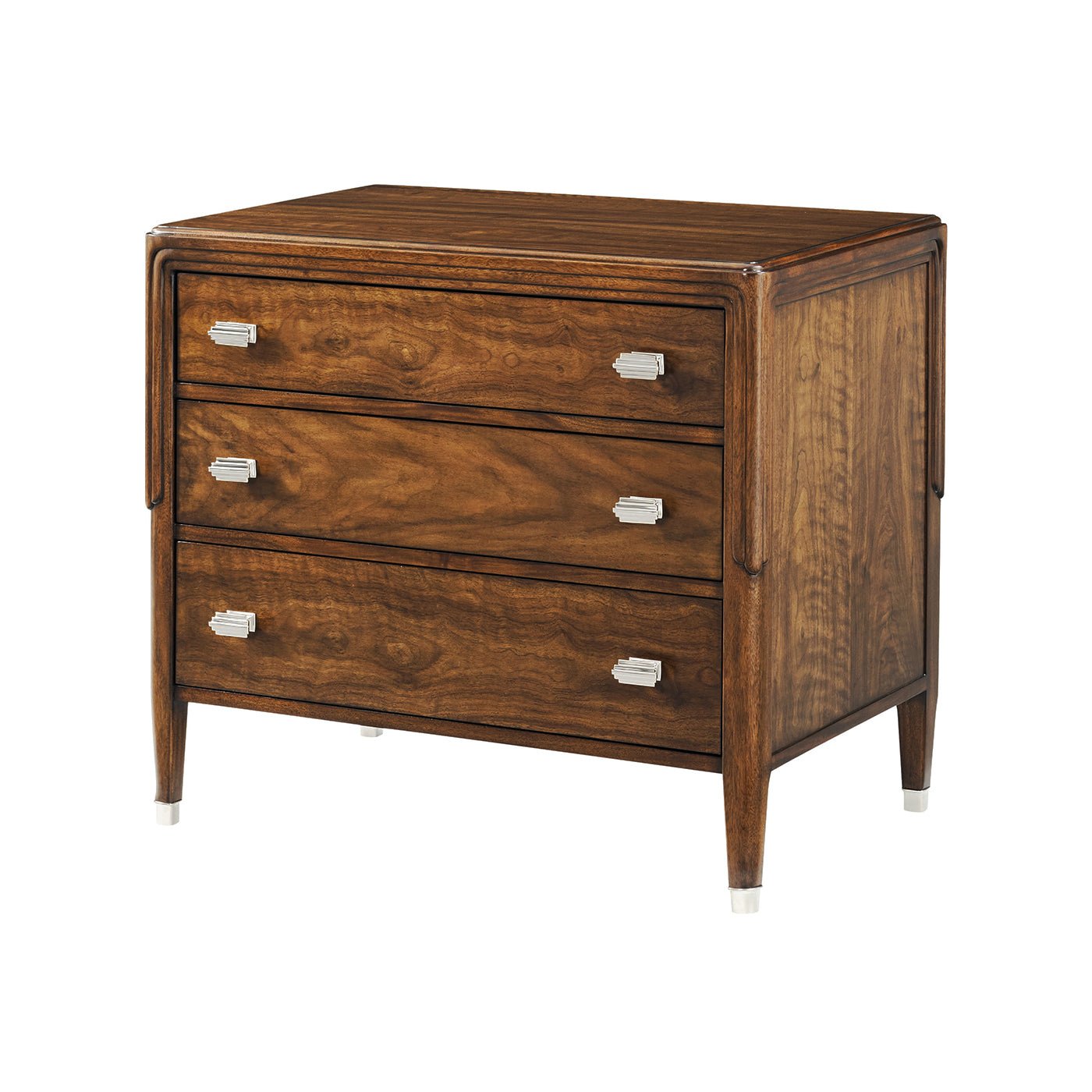 Walnut art deco nightstand with three drawers, angled view