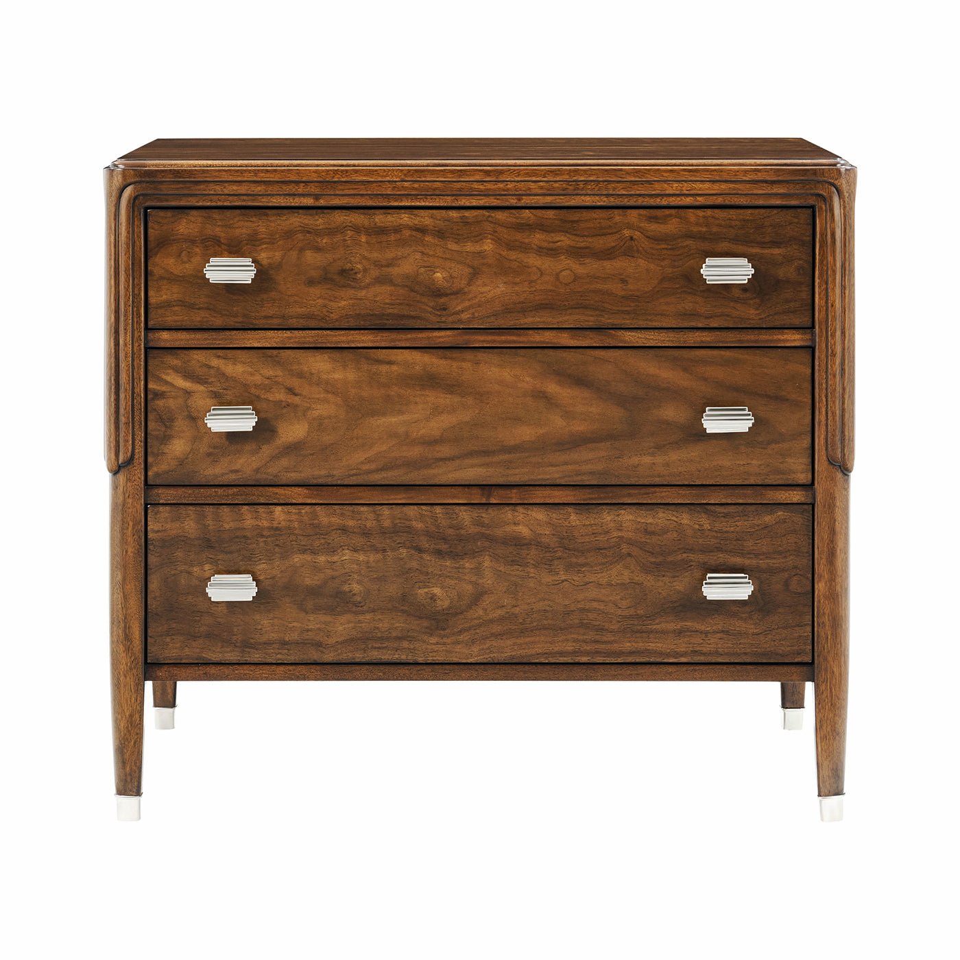 Walnut art deco nightstand with three drawers, front view