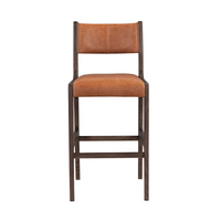 Front view of the cognac leather bar stool with an open back and dark ash wood legs