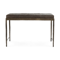 Front view of the Cocoa Brown leather bench with a stitched seat, embossed iron apron and tapered legs