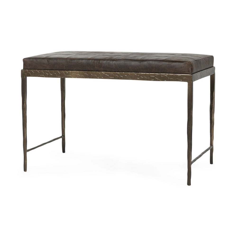 Angled view of the Cocoa Brown leather bench with a patchwork seat and slender hammered iron frame