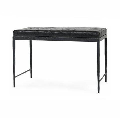 Leather Bench with Hammered Iron Base - Onyx Black