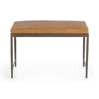 Front view of the Sedona Brown leather bench showing its patchwork cushion and textured iron apron
