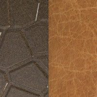 Side-by-side close-ups of the textured iron finish and Sedona Brown leather upholstery on the bench