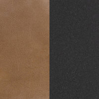 Side-by-side close-ups of the tan leather upholstery and black iron finish used on the strap-detail bench