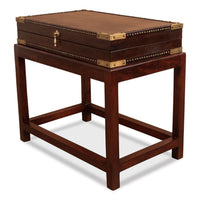 Leather box on stand, angled side view.