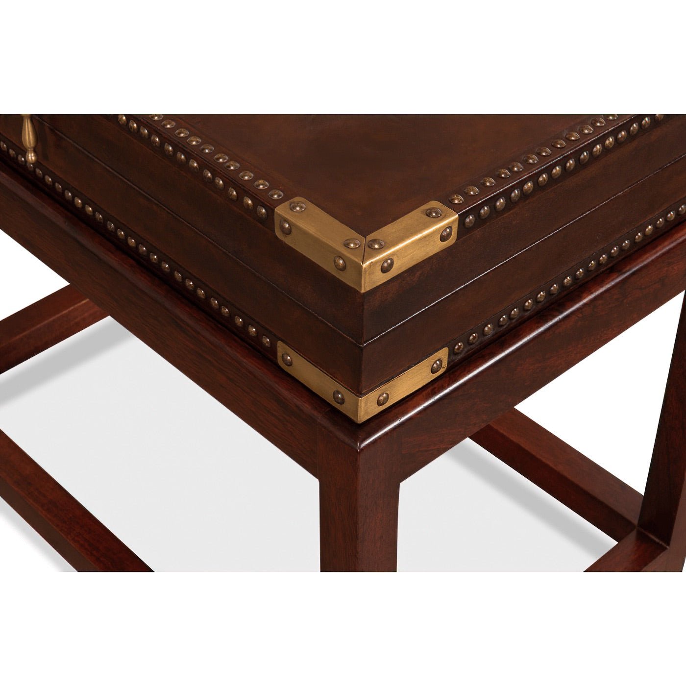 Leather box on stand, metal corner detail.