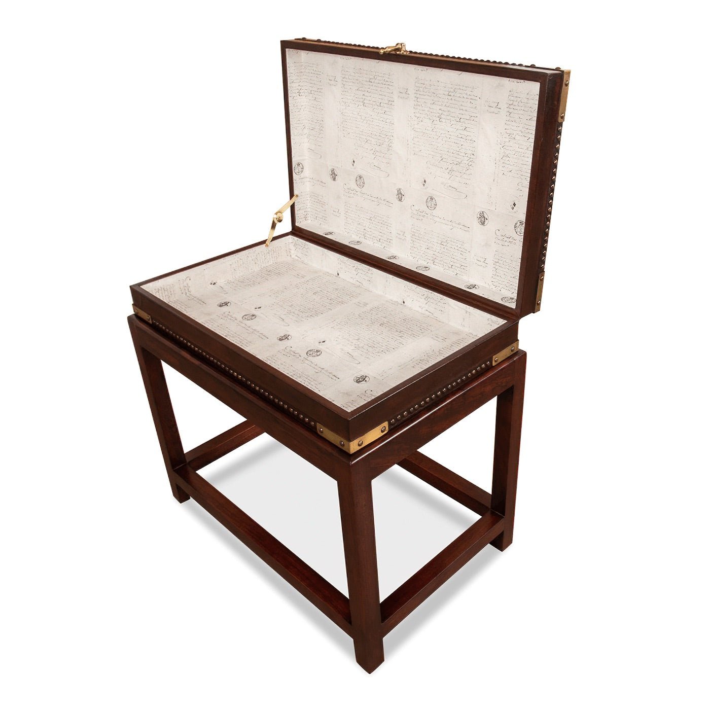 Leather box on stand, open lid with paper lining.