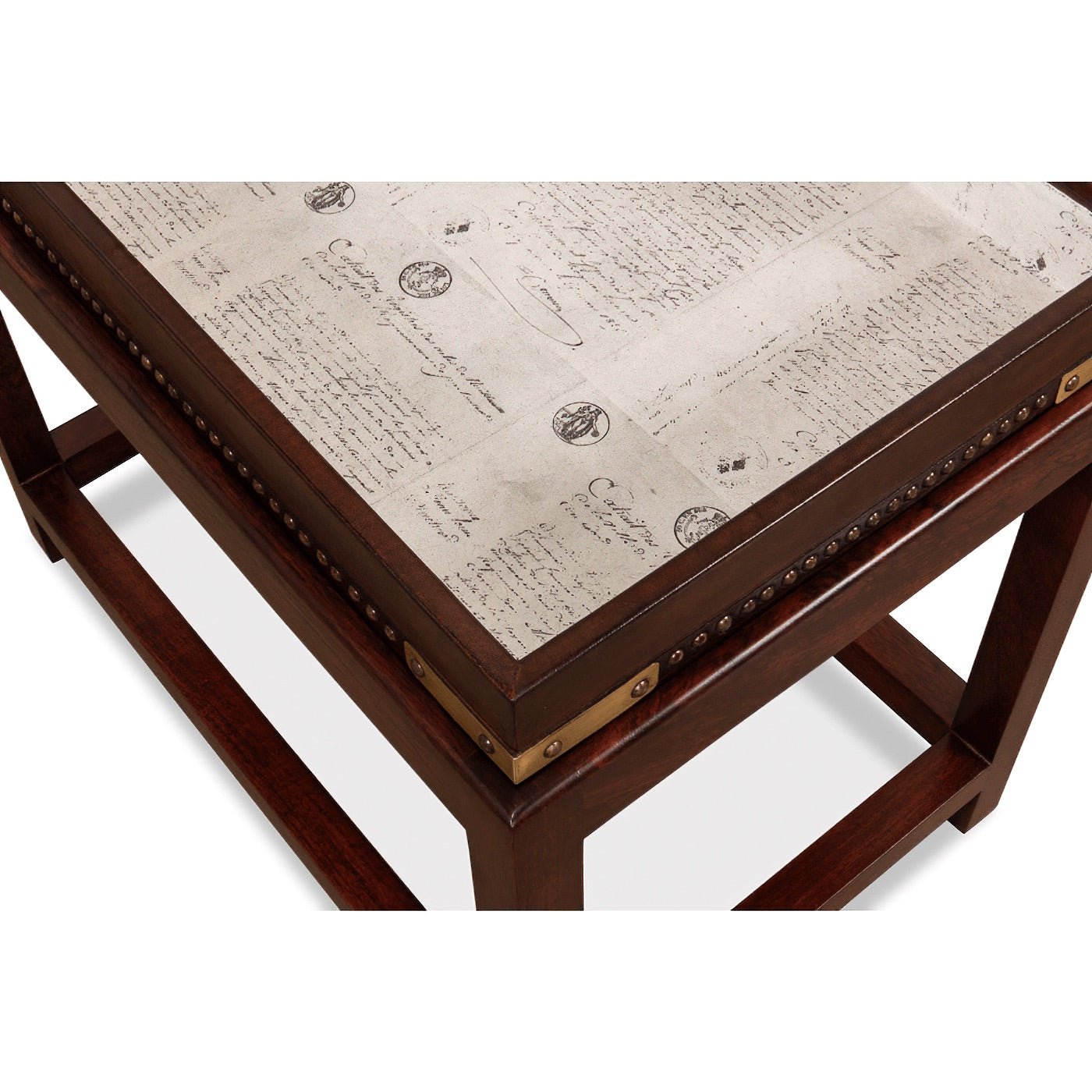 Leather box on stand, interior lining close-up.