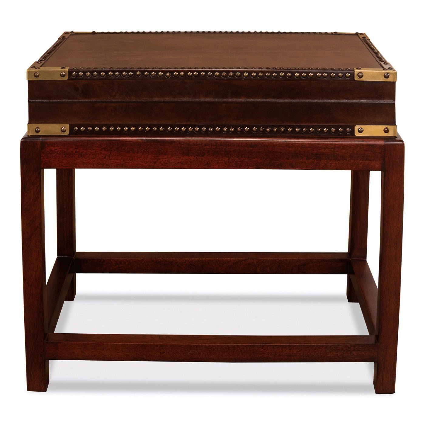 Leather box on stand, closed front view.