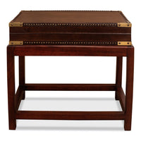 Leather box on stand, closed front view.
