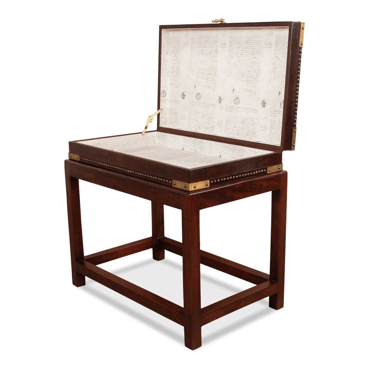 Leather box on stand, open lid angled view.