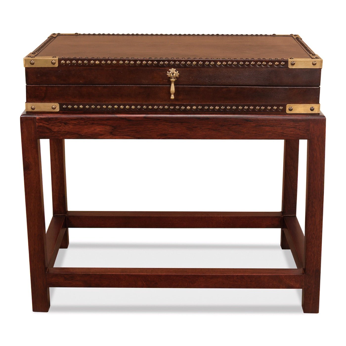 Leather box on stand, front view.