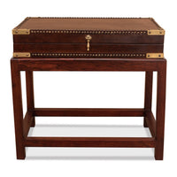 Leather box on stand, front view.