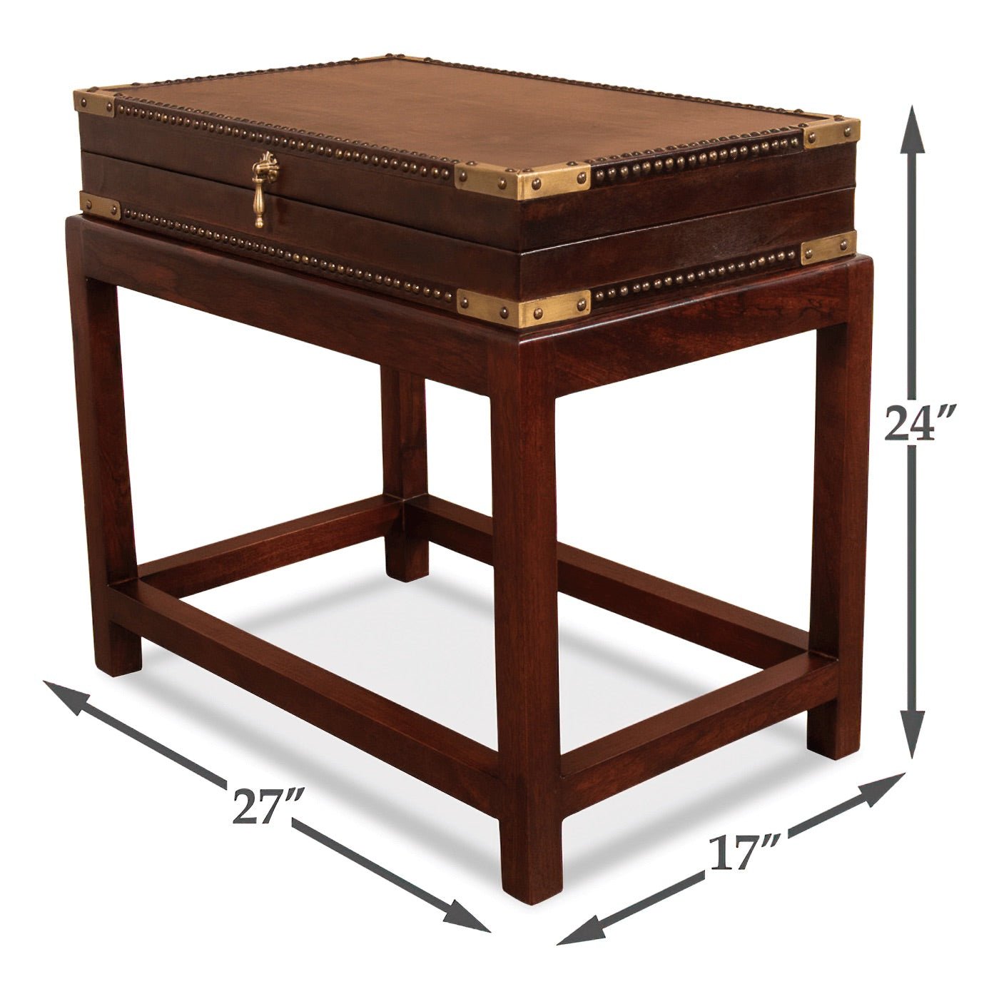 Leather box on stand, dimensions displayed.