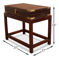 Leather box on stand, dimensions displayed.