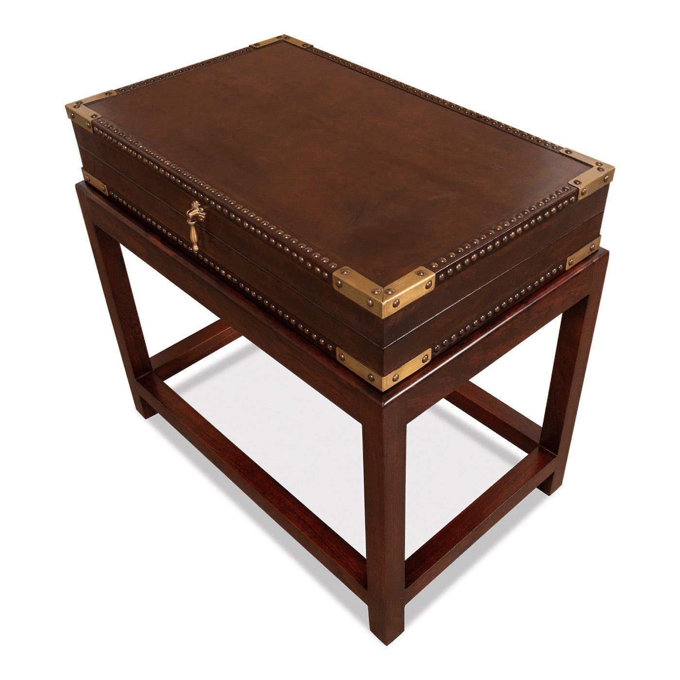 Leather box on stand, closed top corner view.