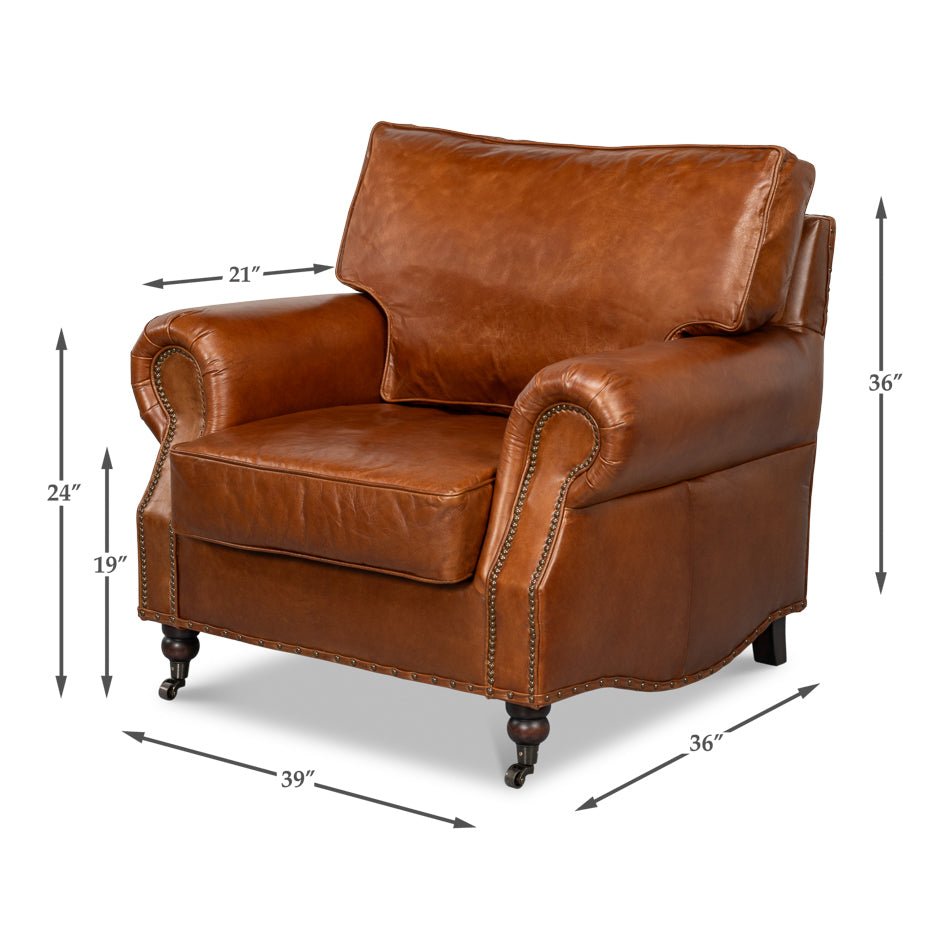 Brown leather club chair, dimensions highlighted for reference.