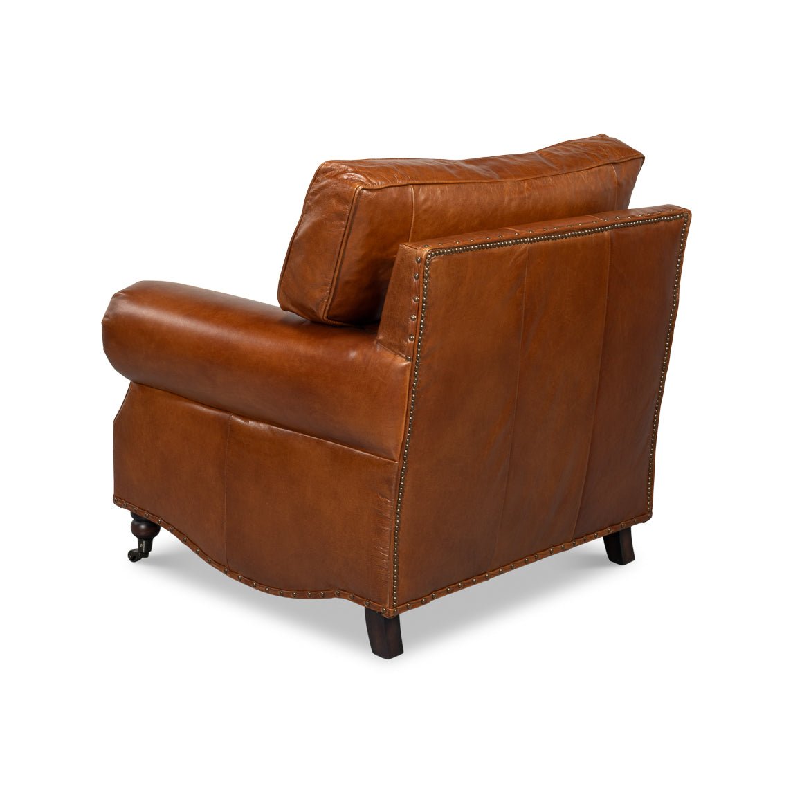 Brown leather club chair, rear three-quarter view.
