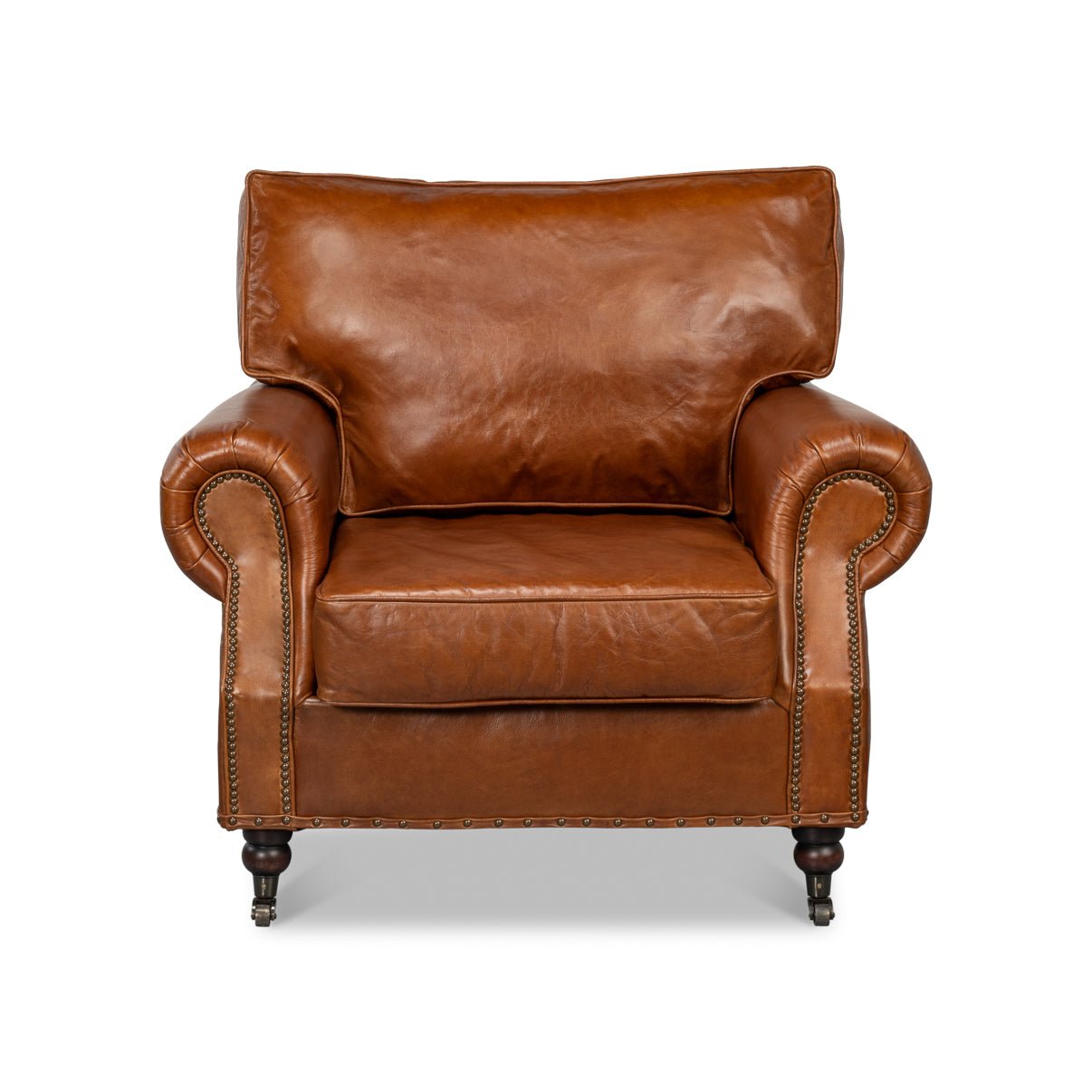 Brown leather club chair, front view with cushion.