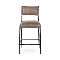 Front view of the taupe leather counter stool with a rectangular padded back and footrest