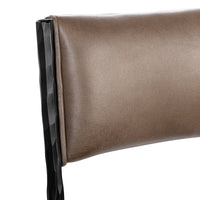 Close-up of the rectangular taupe leather backrest and hammered iron upright