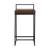 Front view of dark brown low-back leather counter stool with an open rectangular back rail and footrail.