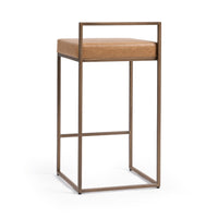 Rear three-quarter view of tan low-back leather counter stool showing the rectangular iron frame.