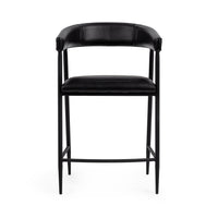 Front view of the black leather counter stool with an open back and bowed iron footrest