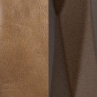 Tan leather grain and hammered-iron finish detail for the slim-frame counter stool
