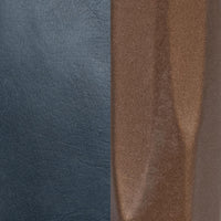 Blue leather grain and brown hammered-iron finish detail for the slim-frame counter stool