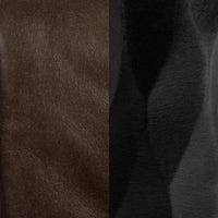 Dark brown leather grain and hammered-iron finish detail for the slim-frame counter stool