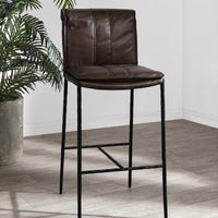 Slim-frame dark brown leather stool beside a potted plant in a sunlit room