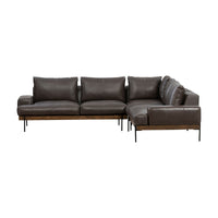Opposite angled view of brown leather sectional showing the corner return and padded low arm