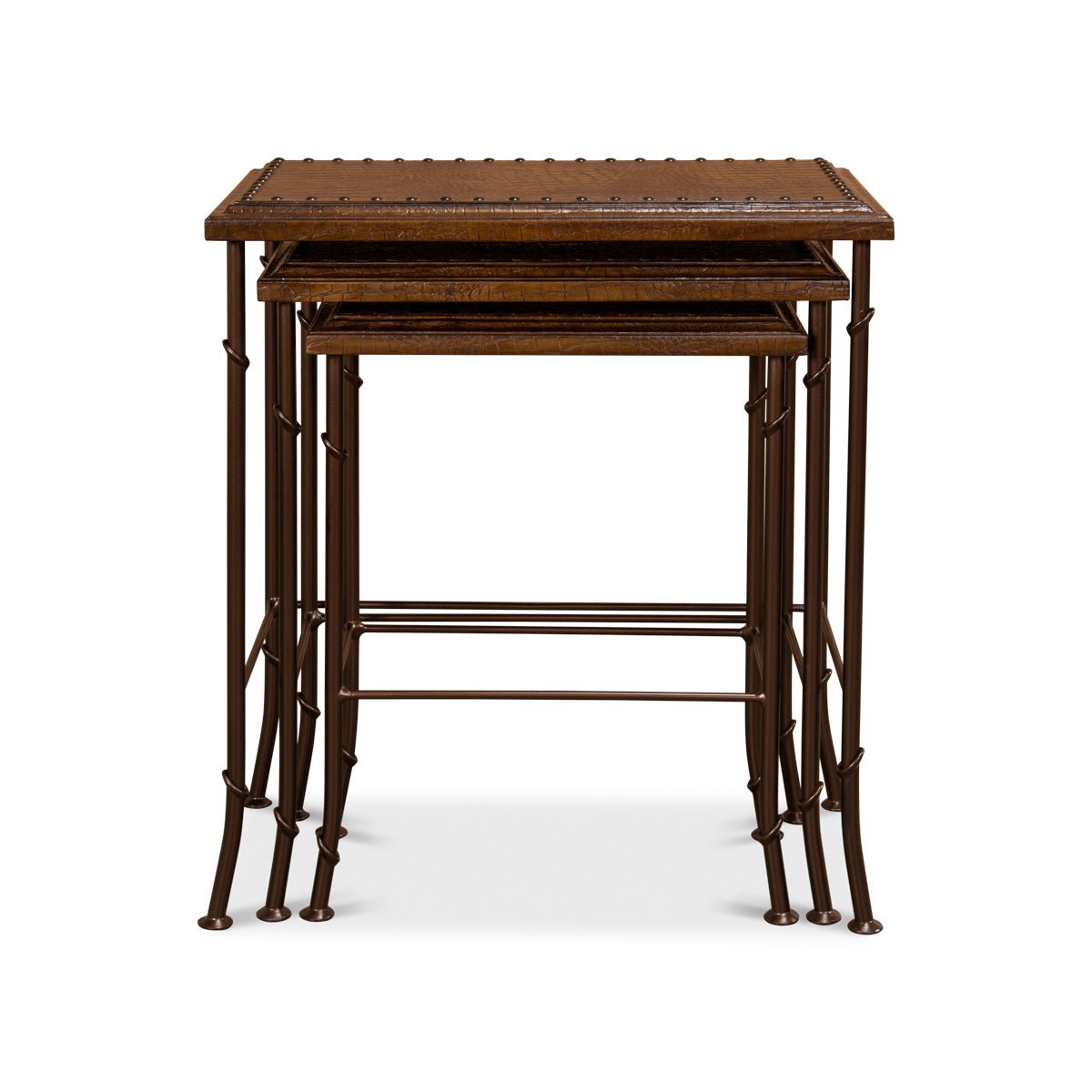 Front view of neatly stacked brown nesting tables.