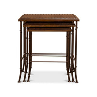 Front view of neatly stacked brown nesting tables.