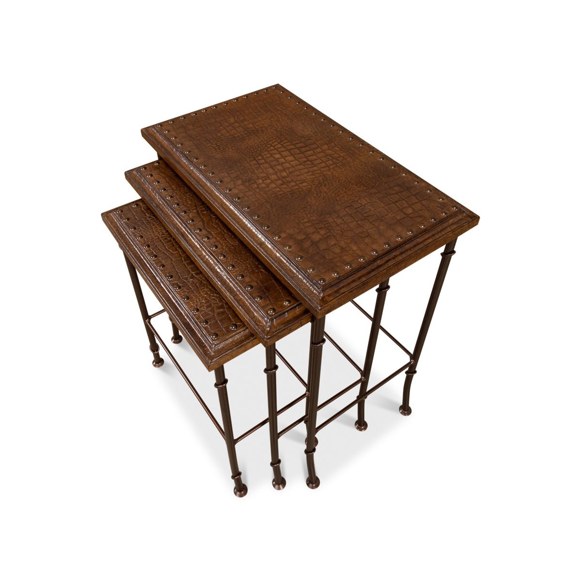 Overhead view of stacked brown nesting tables.