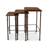 Side angle of stacked brown nesting tables.