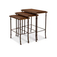 Three brown nesting tables with metal legs, side view.