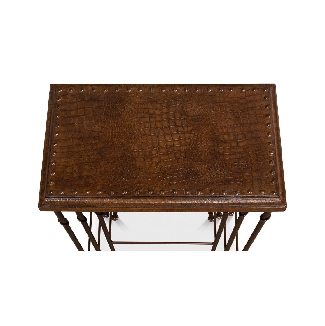 Close-up of top brown leather table surface.