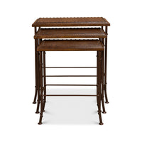 Front view of three brown metal nesting tables.