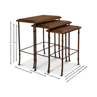 Dimensions of brown metal and leather nesting tables.