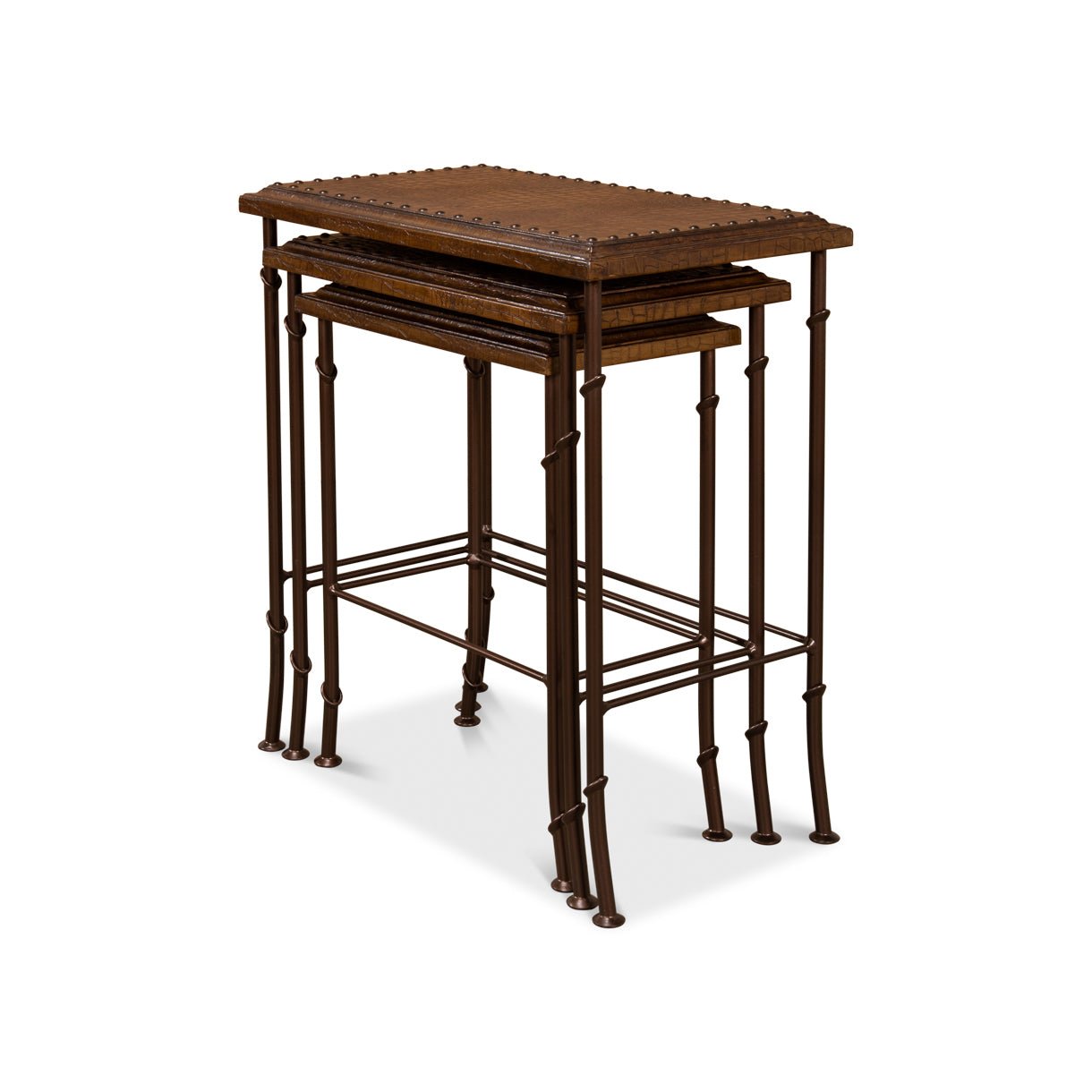 Side perspective of brown nesting tables with metal legs.
