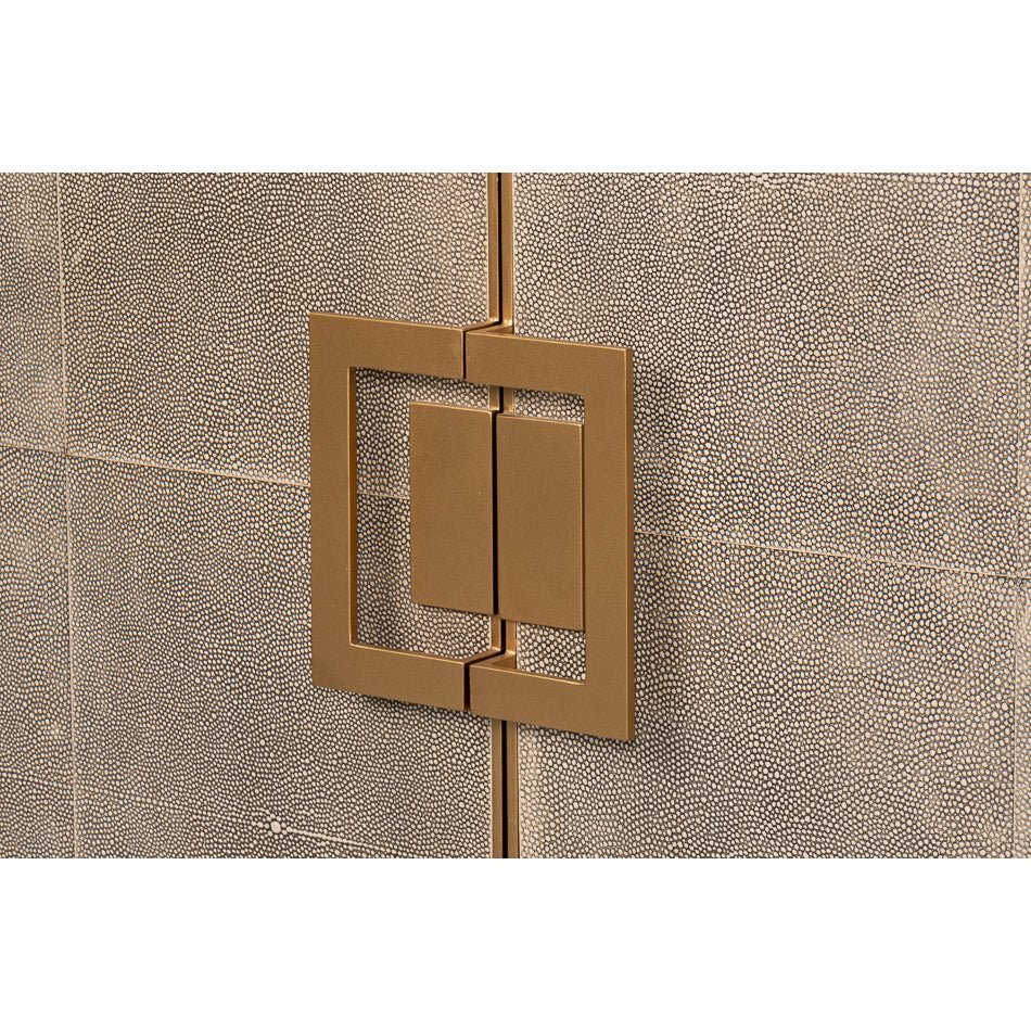 Leather wrapped credenza handle detail close-up.