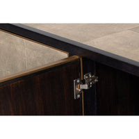 Leather wrapped credenza hinge detail close-up.