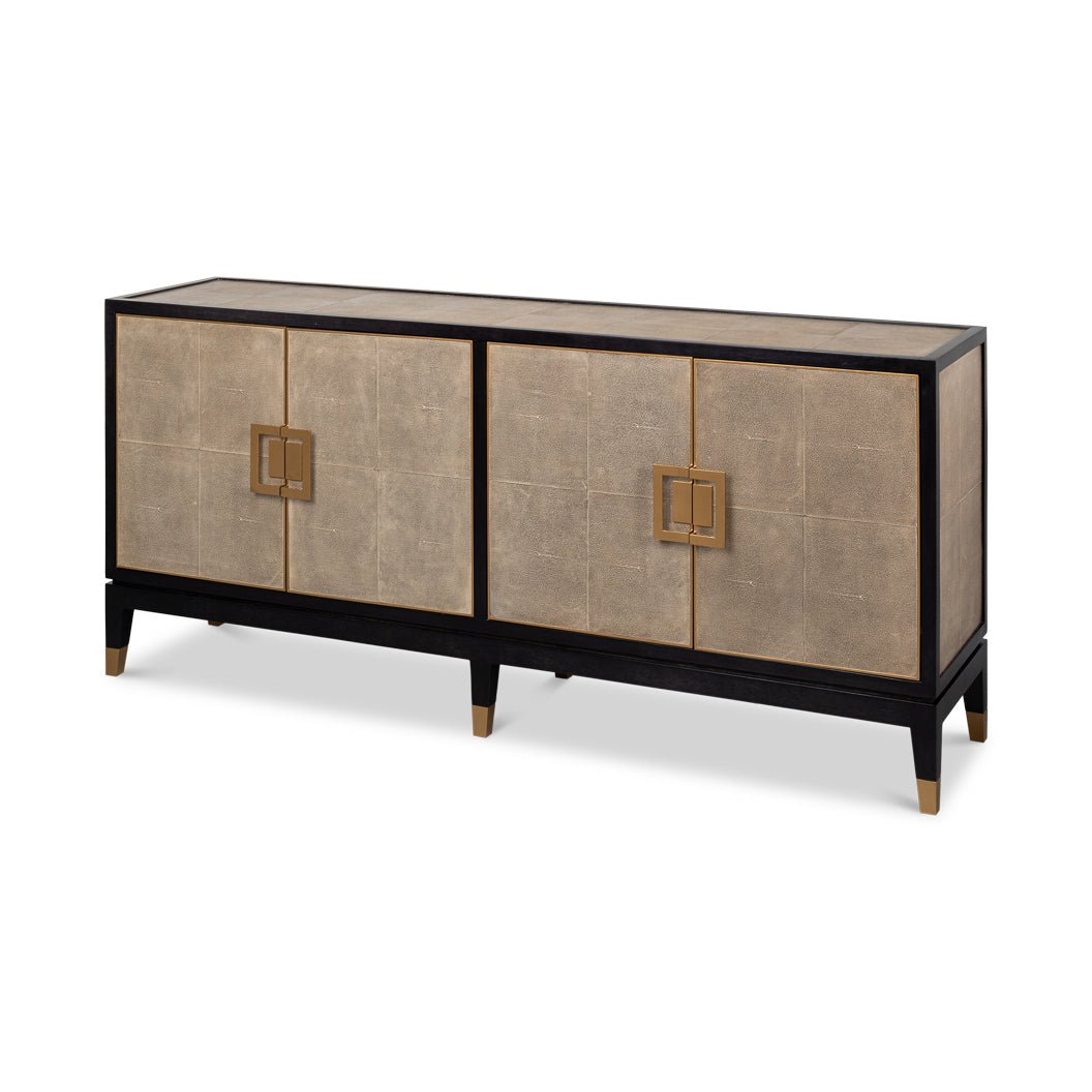 Leather wrapped midcentury credenza front angle view.