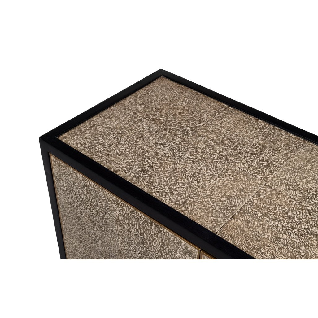 Leather wrapped credenza top surface detail.